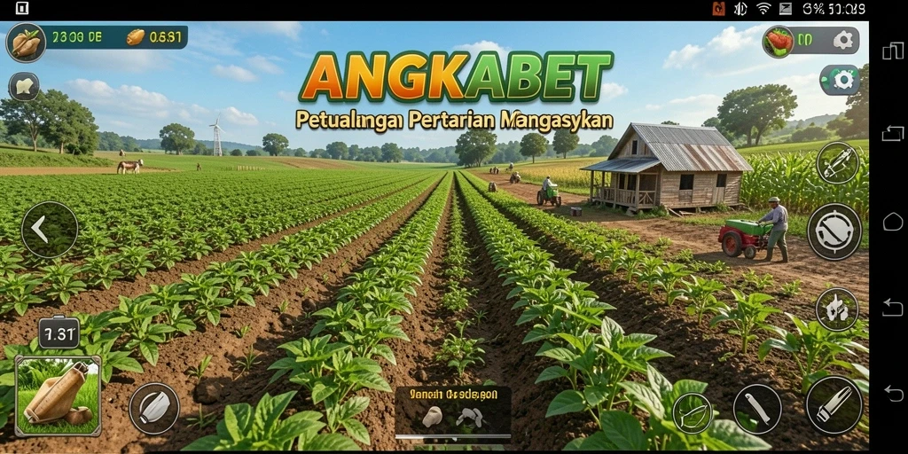 Screenshot gameplay ANGKABET dengan suasana pertanian yang hidup.