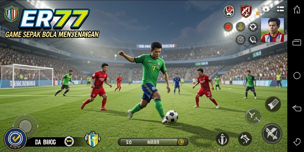 Screenshot utama menunjukkan aksi seru di lapangan sepak bola ER777.
