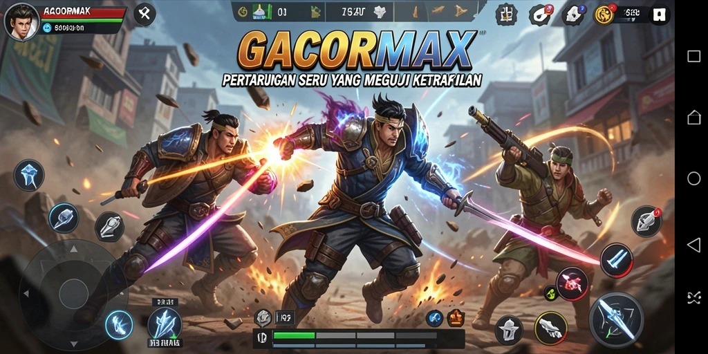 Tampilan gameplay GACORMAX dengan pertarungan seru dan karakter unik.