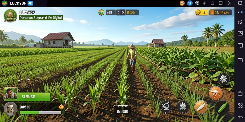 Tampilan gameplay <strong>LUCKYDF</strong> yang menampilkan kebun yang indah dan interaksi hewan.