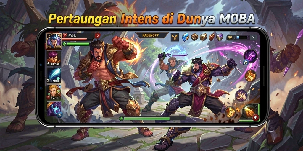 Tampilan gameplay intens NABUNG77 dalam aksi pertempuran MOBA.