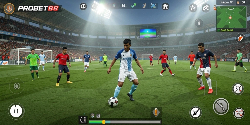 Screenshot gameplay PROBET88 menunjukkan aksi seru di lapangan sepak bola.