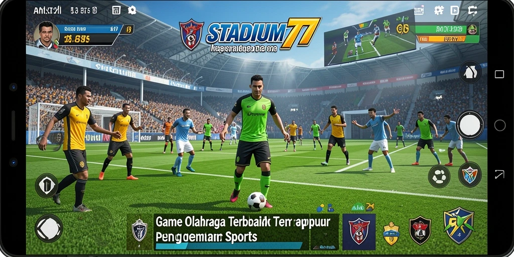 Screenshot STADIUM77 menampilkan aksi seru di lapangan olahraga.