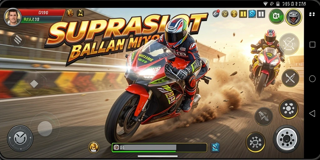 Tampilan menarik gameplay balapan motor SUPRASLOT yang mendebarkan.