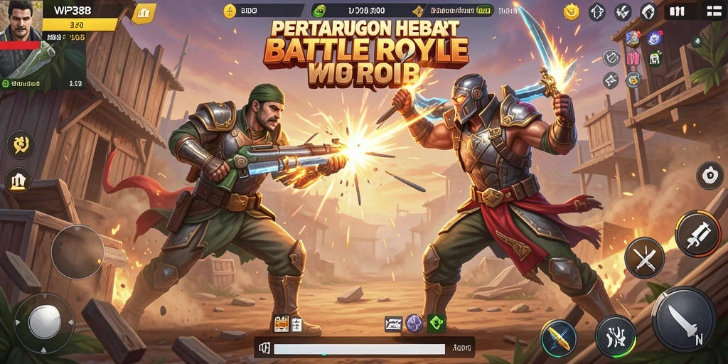 Tangkapan layar utama WP888 menunjukkan aksi pertempuran seru dalam Battle Royale.